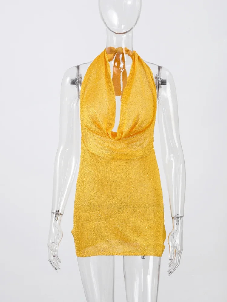 Sexy Sequin Halter Short Dress Women Backless Sleeveless Hip Package Party Dresses Female 2025 Summer Chic Night Club Robe Lady 250605
