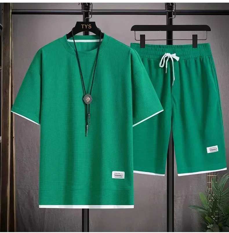Summer Mens Sports Set Casual T-Shirt And Shorts Set Male Sports Suit Solid Color Tracksuit Loose Suits Size 3XL W250609