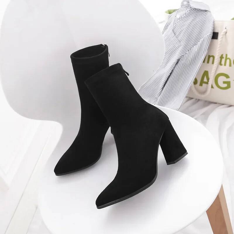 Ddmyoutdoor Ankle Chunky High Heel Sock Women Autumn Fashion Pointed Frosted Suede Short Female Pumps Sexy Warm Boots Outdoor Shoes