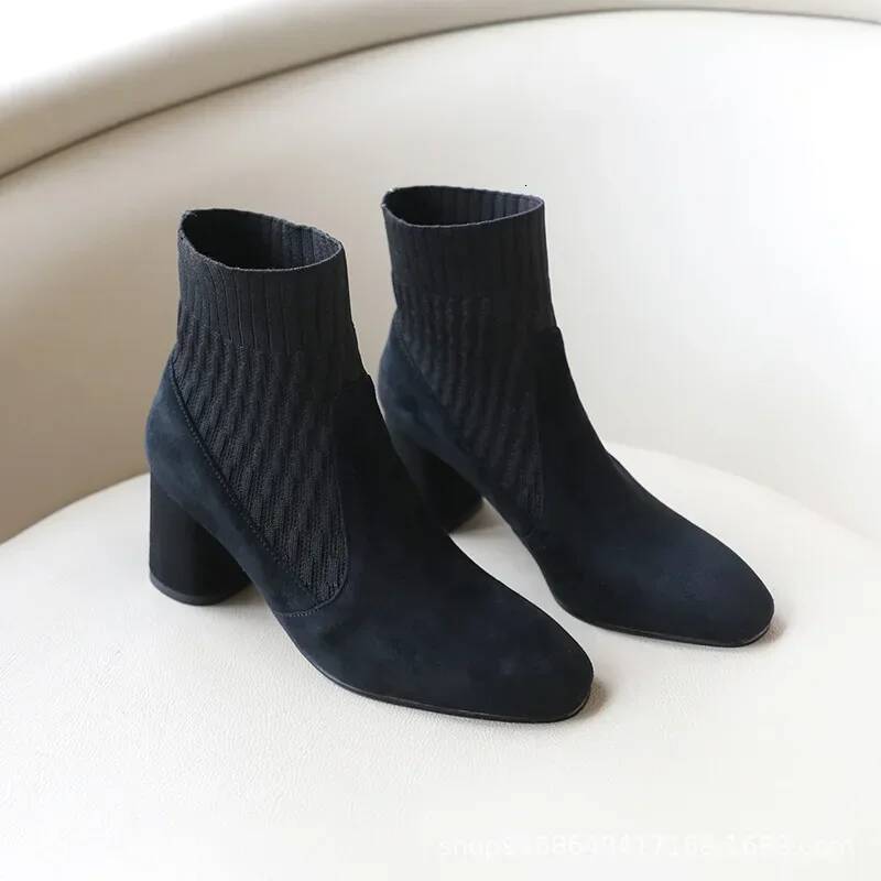 Ddmyoutdoor Pointed Ankle Winter New Casual Medium Heel Knitted Sock Boots Women Faux Suede Female Heels Outdoor Shoes