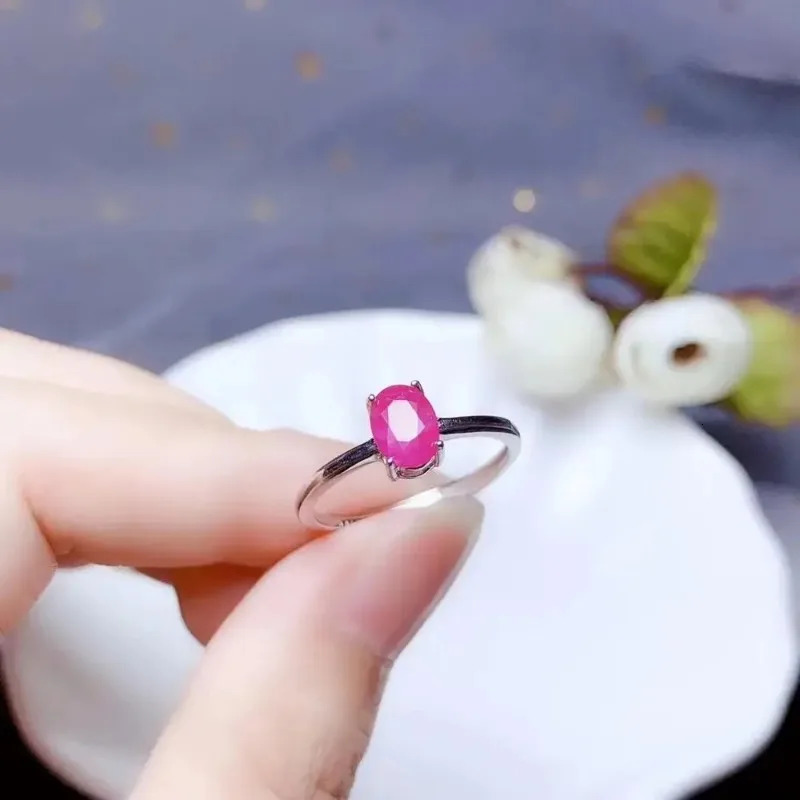 Natural Myanmar Ruby Ring For Women Men Love Gift 925 Silver 7x5mm Beads Stone Fashion Adjustable Ring 250604