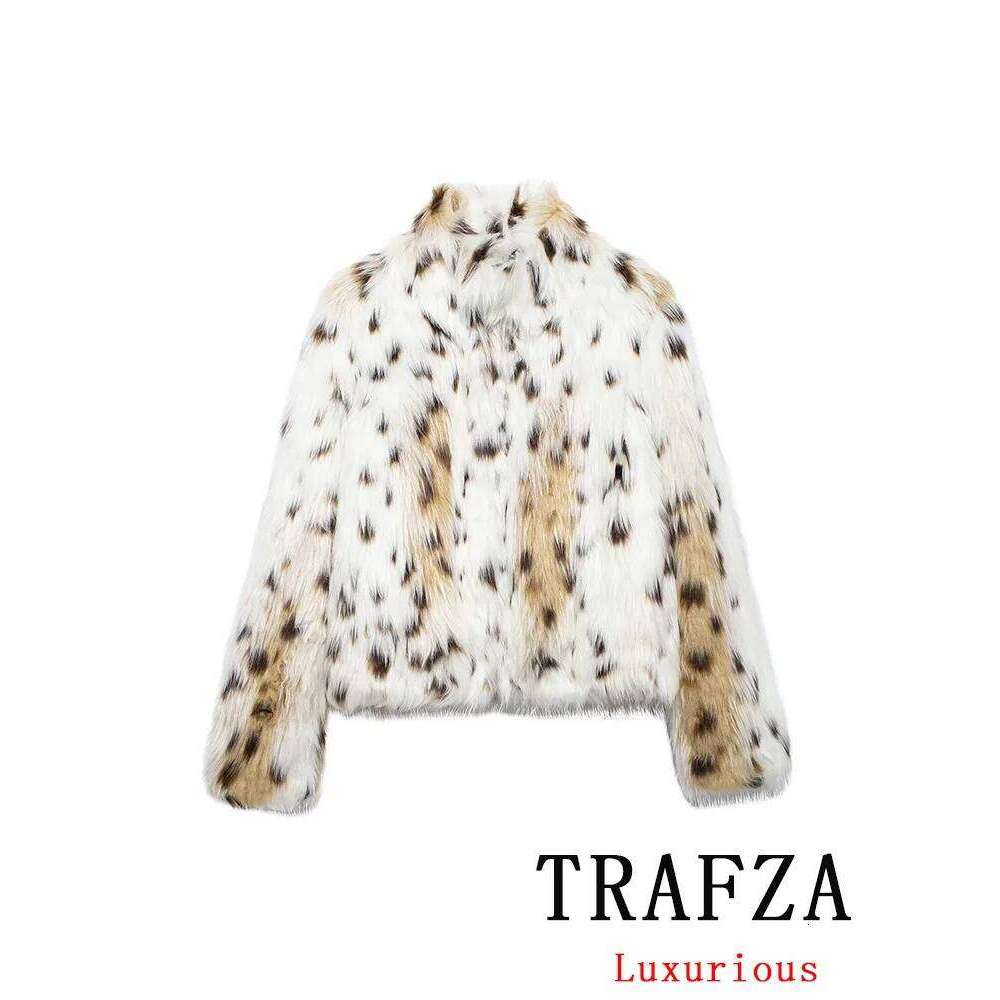 TRAFZA Vintage Leopard Chic Women Faux Fur O-Neck Long Sleeve Thick Jackets Fashion 2024 Autumn Winter Street Female Coat