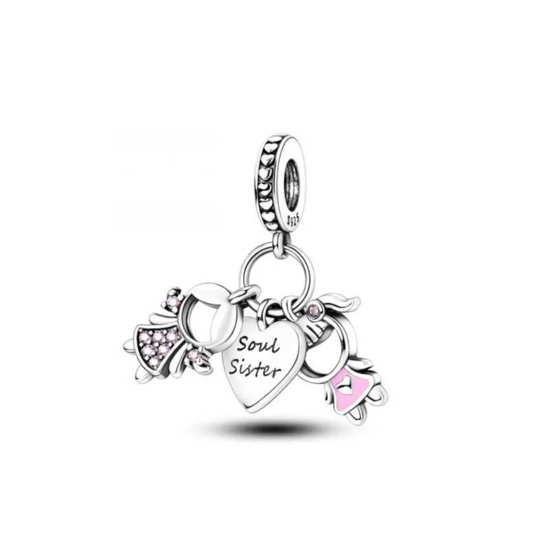 New925 Silver Pink Heart Sisters Bead Mom Daughter Charm Fit Original Bracelet DIY Jewelry For Women Forever Friend Pendant Gift XJ250607