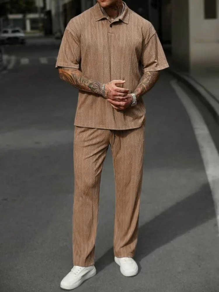 summer styles for men Solid-color jacquard set fashionable line texture casual lapel short-sleeved POLO shirt trousers 250605