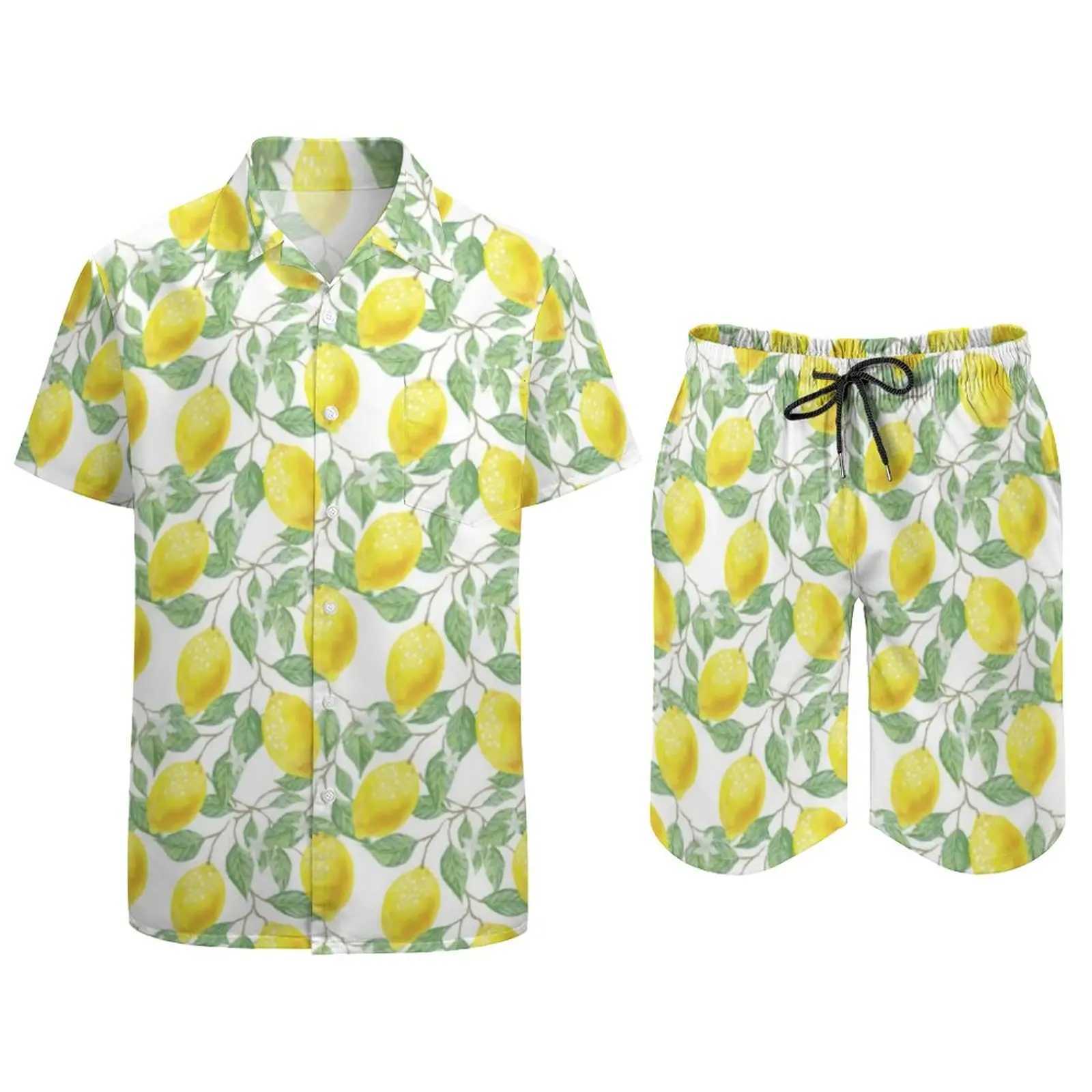 Lemon Tree Men Sets Flower Floral Print Casual Shorts Summer Fashion Beachwear Shirt Set Short Sleeve Pattern Big Size Suit Gift W250609