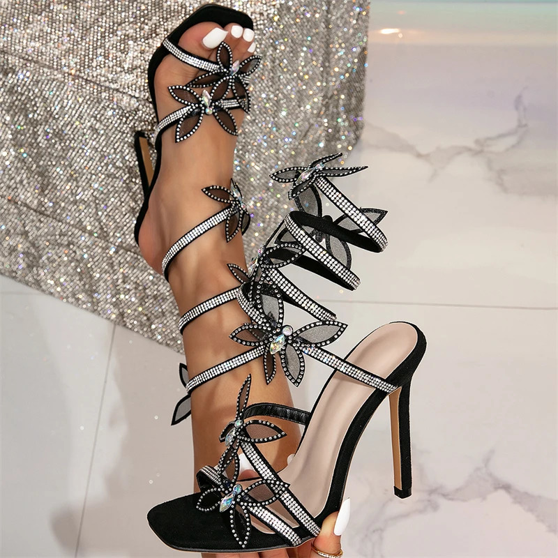 Eilyken Elegant Crystal Butterfly-knot Ankle Strap Woman Sandals Sexy Open Toe Thin High Heels Stripper Party Pumps Shoes 250605
