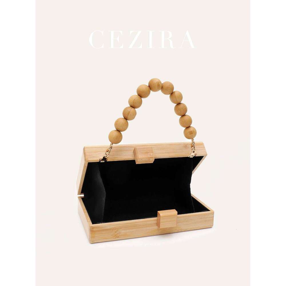 CR Summer Vacation Women's Fashion Elegant Bamboo Clutch Square Handbag Wood Beaded Handle Long Chain Cross Body Evening Purse