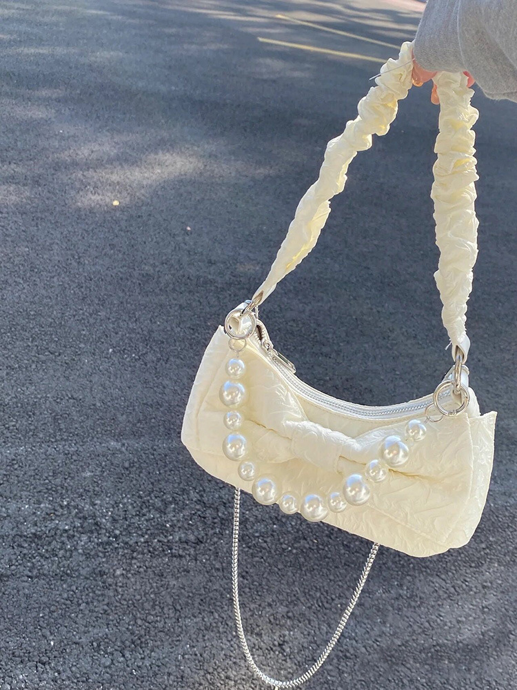 designer Underarm Bag for Women Summer Ins Super Popular Bowknot Pearl Chain Bag Niche Handbag Wrinkled Shoulder Crossbody Bag