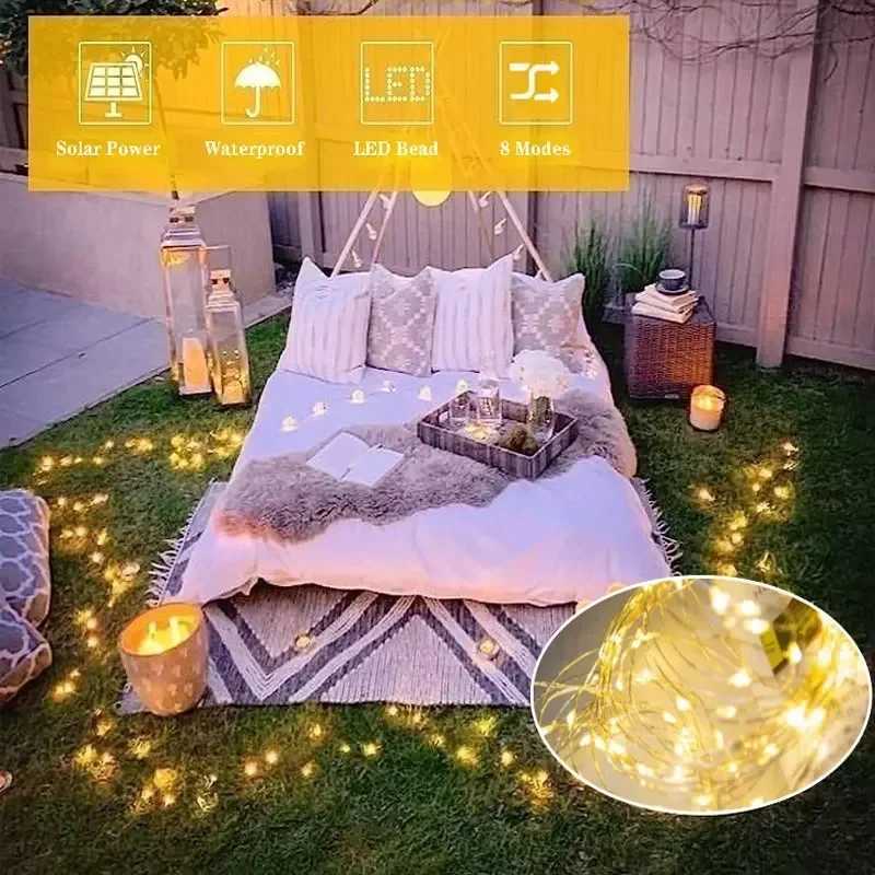 External Solar Lights Festoon LED Copper Wire Garland Lamp Outdoor Garden Summer Wedding Camping Party Bedroom DecorationXJ250606