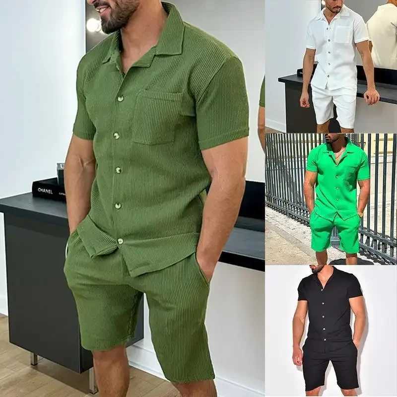 2024 Summer Turn-down Collar Casual Loose Mens Sets Solid Soft Single Breasted Button Shirts Shorts Suit Mens Two-piece Suits W250609