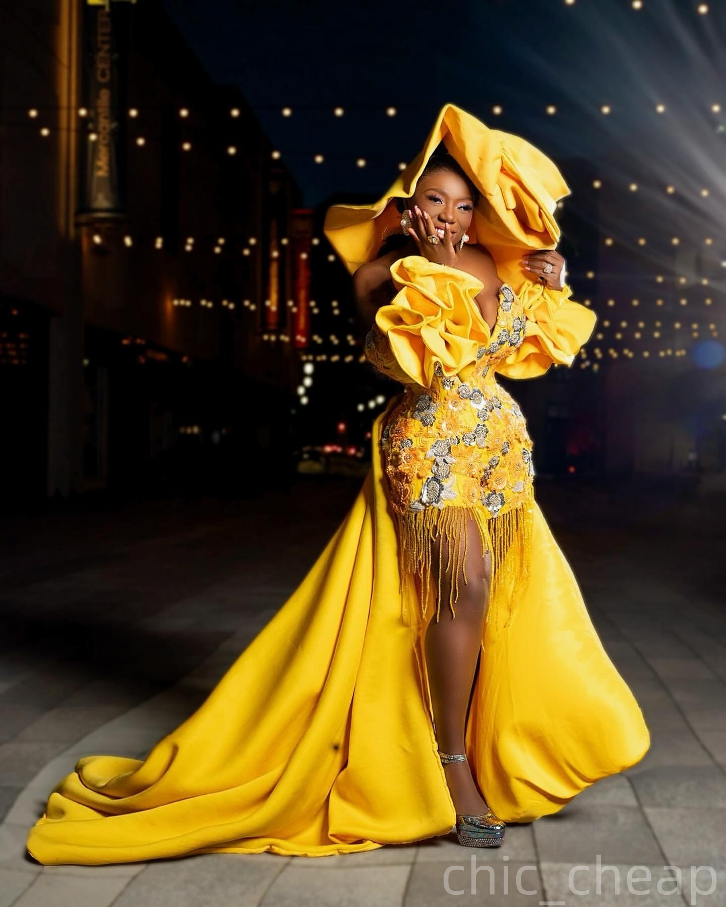 Yellow Mermaid Prom Dresses 2025 Flowers Beadings Satin Hi-Lo Evening Formal Party Second Birthday Engagement Gowns Plus Size Dress For Special Occasi