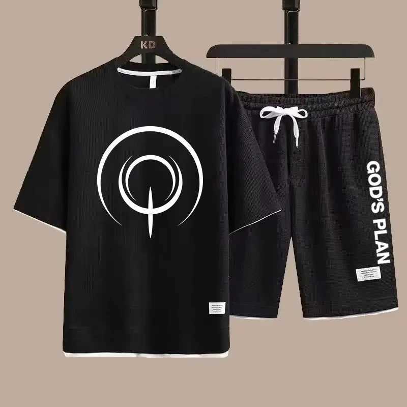 Summer Mens Waffle Suit Casual T-Shirt Shorts Set Mens Sportswear Solid Color Suit Tracksuit Loose Fit Two-Piece Set W250609