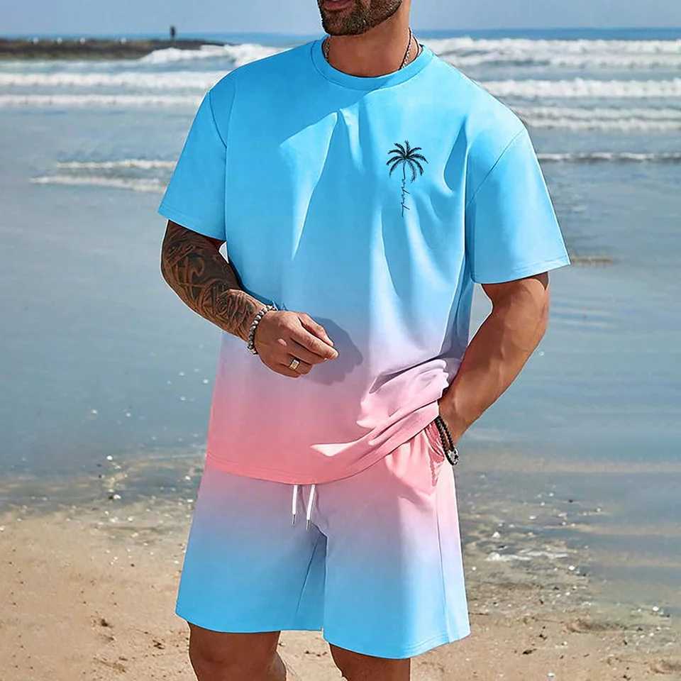Hawaiian Set European And American Trendy Beach Short Sleeved Shirt Mens Dopamine Beach Casual Shorts Set Soft And Comfortable W250609