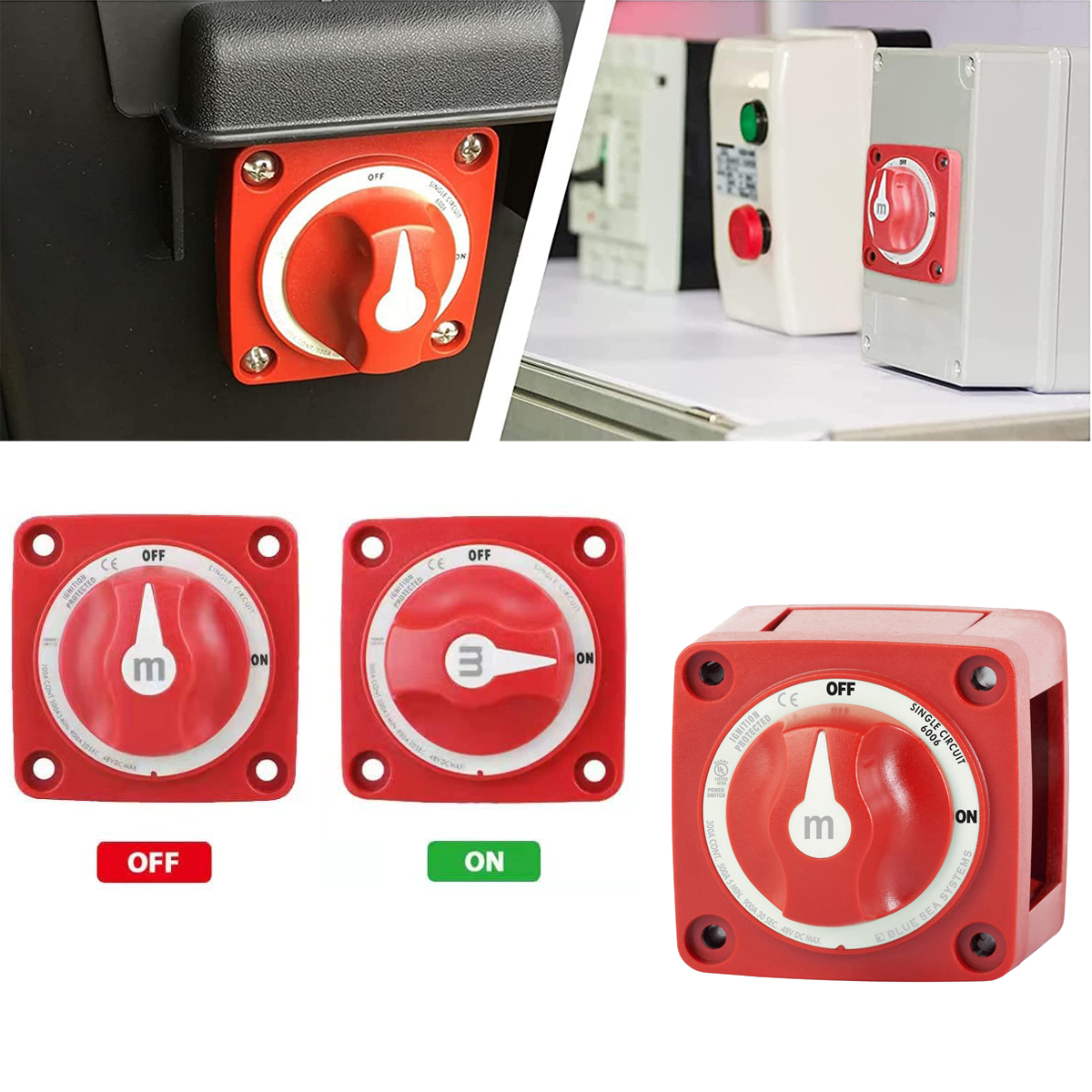 Compact Marine Red Battery Selector Switches (Series 6006M through 6011M) Equipped With Integrated Self Tapping Mounting Hardware