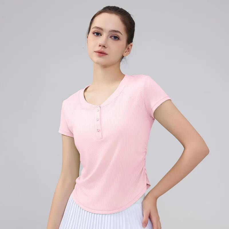 Women Summer Yoga Half Sleeve Chest Button Solid Color T-shirt Breathable Elastic Skin-friendly Sports Gym Fiess Workout Tops