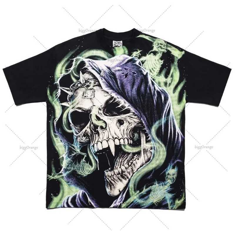 Punk Street Harajuku Clothing Dark Skull Casual Oversized Short Sleeves Fashionable American Hip-hop Pure Cotton T-shirt Men W250607