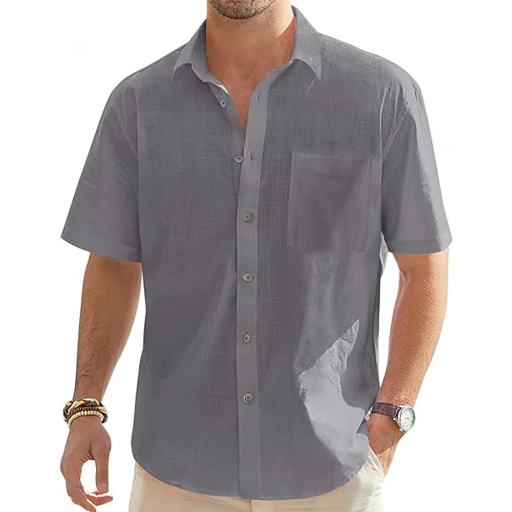 Mens Cotton Linen Short Sleeve Shirts Casual Lightweight Button Shirts Vacation Beach Summer Tops with Pocket 250605