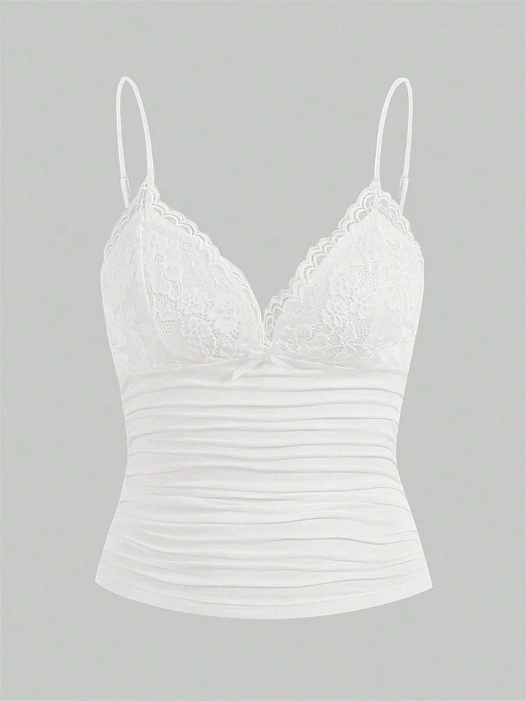 Sexy Contrast Lace Bow Front Crop Cami Top Women 2024 Summer Grunge Punk Y2K Clothes Ruched Skinny Backless Tee Shirt 250527