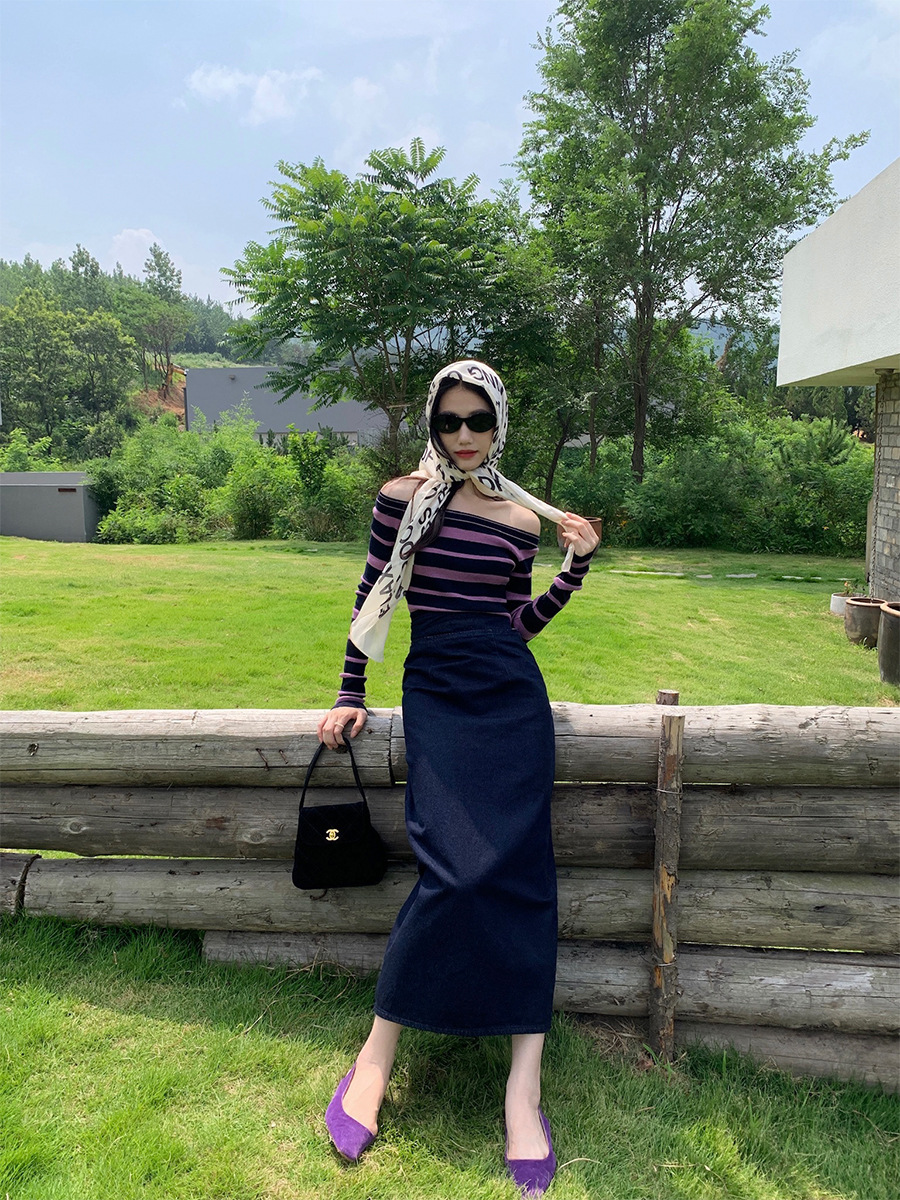 XR146 Women's Autumn Style High Waist Hip-wrapped Denim Long Skirt with Back Slits and Ties