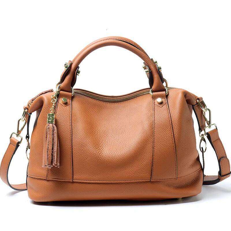 Women Genuine Leather Boston Handbag Fashion Tassel Design Shoulder Crossbody Bag Soft Cowhide Female Top-Handle Bags 2025/06/07