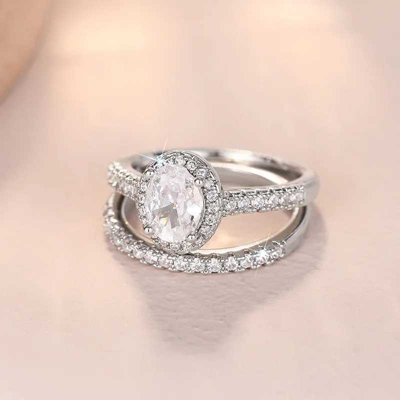 925 Sterling Silver AAA Crystal Cubic Zirconia 2Pcs Rings Set for Women Luxury Female Wedding Ring Jewelry Gifts XJ250606
