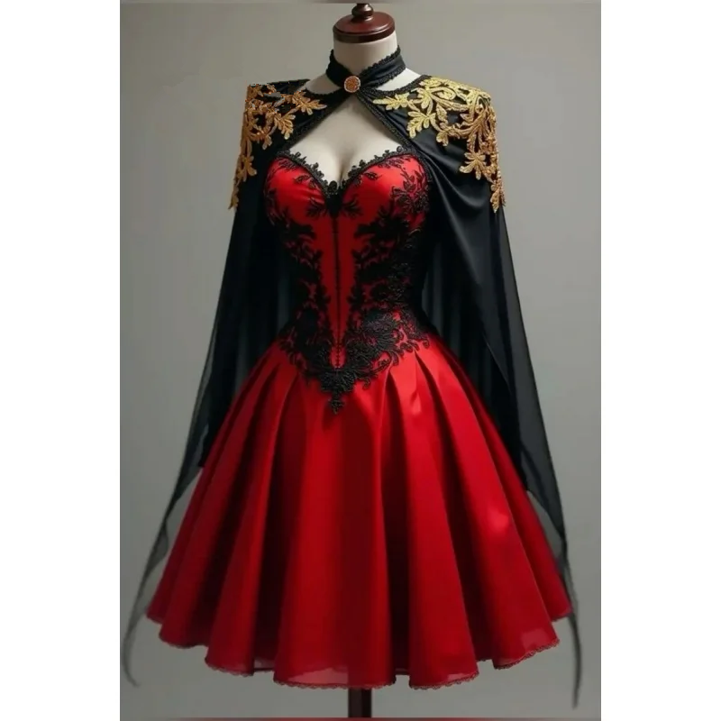 Black Red Cictorian Short Prom Dresses With Wrap cape A-Line Mini evening Occasion Dress Lace Applique Customized