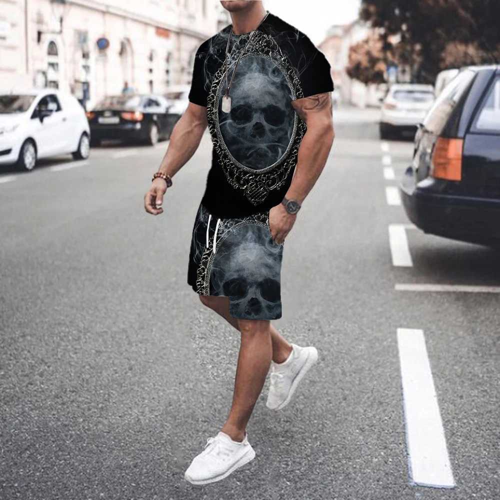 Summer fashion T-shirt+shorts 2-piece set for mens casual fitness jogging sportswear hip-hop breathable short sleeve set W250609