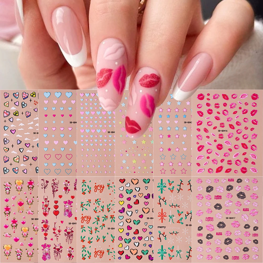 1sheet 5D Sexy Red Lips Nail Decal Stickers KISS Love Heart Valentines Day Selfadhesive Slider DIY Romantic Decor 250605