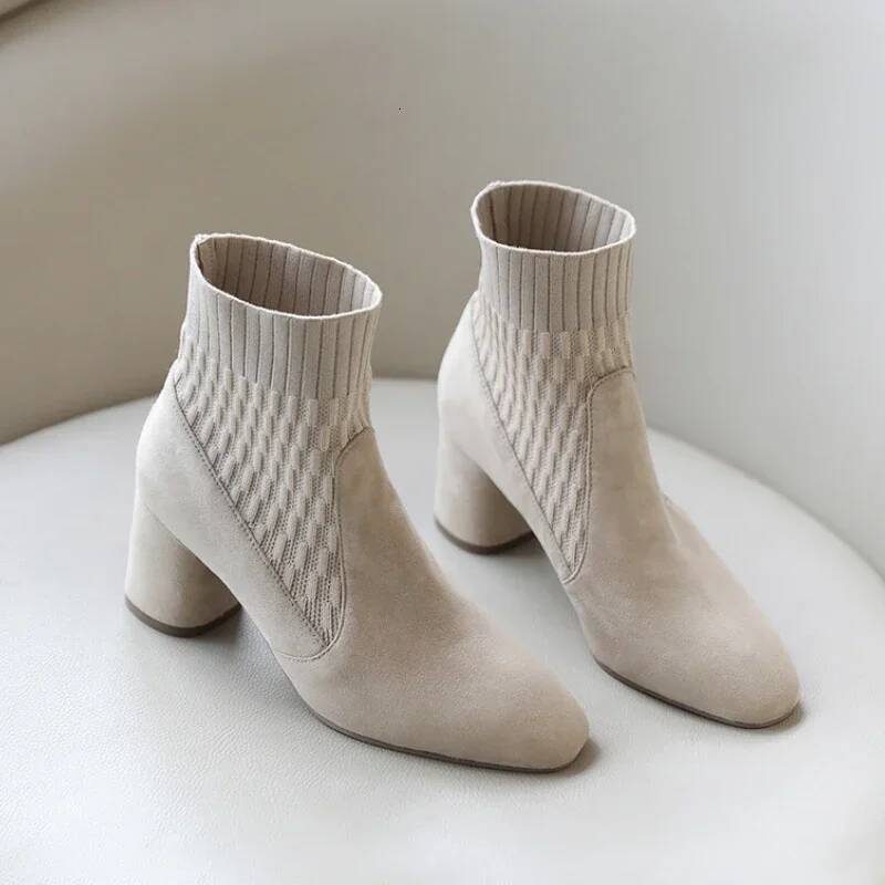 Ddmyoutdoor Pointed Ankle Winter New Casual Medium Heel Knitted Sock Boots Women Faux Suede Female Heels Outdoor Shoes