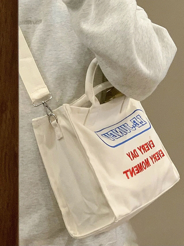 designer Student Class Bag for Women, Large Capacity Canvas Bag, College Style Versatile Letter Embroidery Shoulder Crossbody Tote Bag Trendy