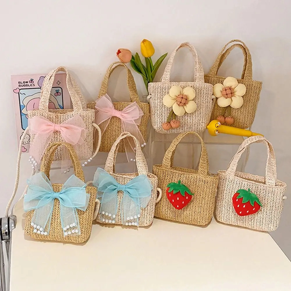 Handmade Woven Girl Straw Bag Summer Zipper Mesh Bow Crossbody Handbag Coin Purse Po Props Kid Beach Bags 250605