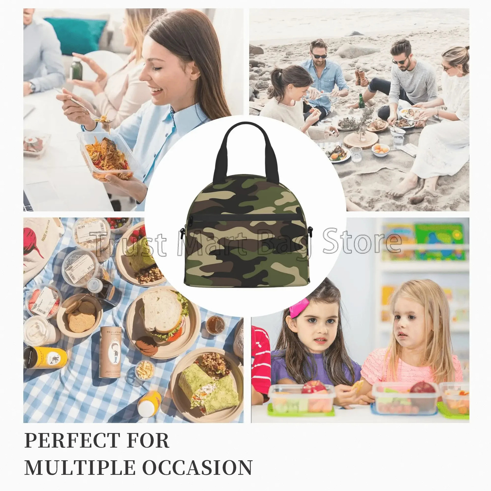 Green Camo Insulated Lunch Bag for Women Men Camouflage Waterproof Cooler Thermal Lunch Tote for Office Picnic Food Bento Box 250606