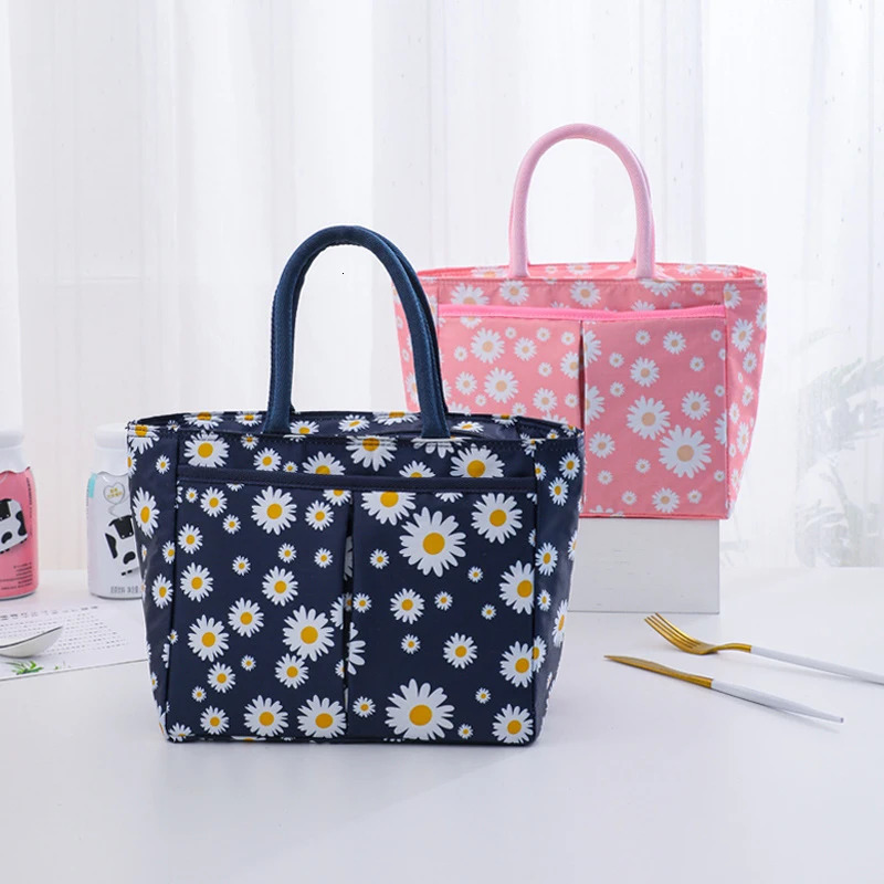 Daisy Printed Lunch Bag Thermal Insulation Large Capacity Handbag Cute Picnic Drinks Lunch Box Storage Bag Portable Lunch Pouch 250606