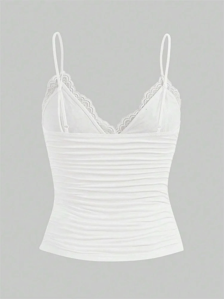 Sexy Contrast Lace Bow Front Crop Cami Top Women 2024 Summer Grunge Punk Y2K Clothes Ruched Skinny Backless Tee Shirt 250527