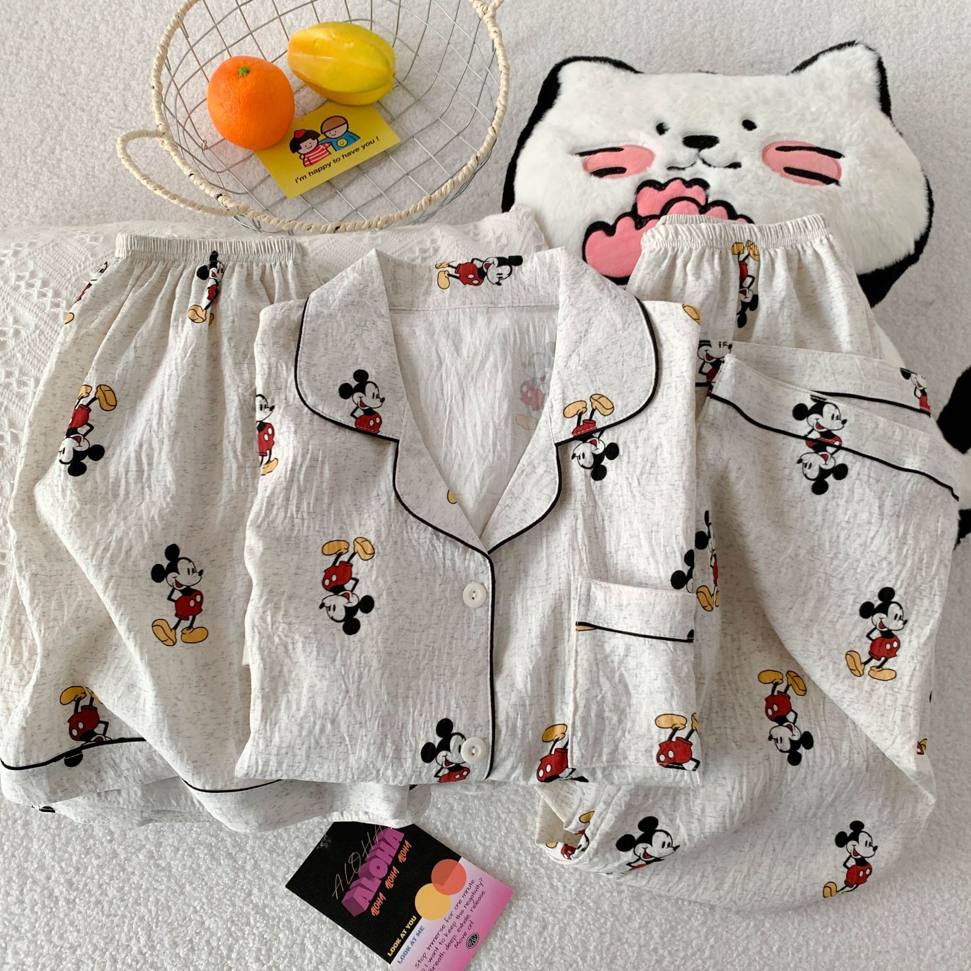 B915-Summer new cloud cotton three-piece suit cartoon lapel short-sleeved shorts trousers home clothes women's pajamas suit