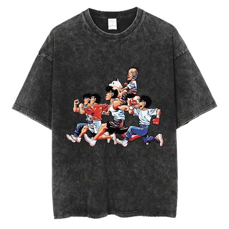 Vintage Cotton Washed T-Shirt Anime Hajime No Ippo Kamogawa Boxing Gym Loose T Shirts Men Women Y2K Hip Hop Summer Top T X250607