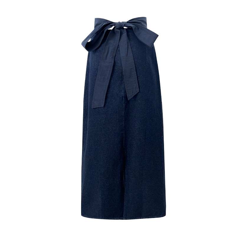 XR146 Women's Autumn Style High Waist Hip-wrapped Denim Long Skirt with Back Slits and Ties