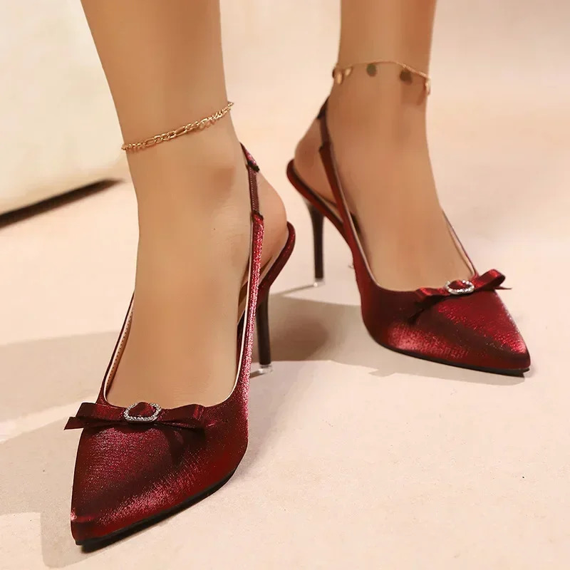 Elegant Silk High Heels Pumps for Women Autumn Bowtie Decor Thin Heeled Ladies Shoes Pointed Toe Slingbacks Party Shoes 250605