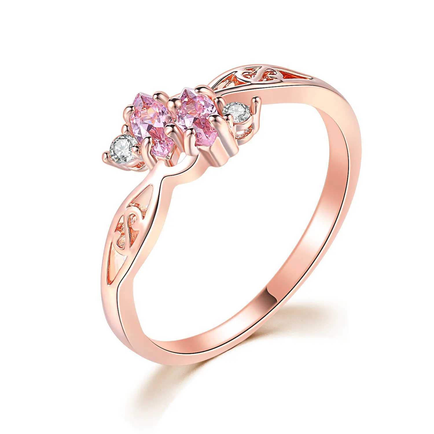 Delicate Pink Crystal Dainty Rings for Women Hollow Out Rose Gold Color CZ Princess Promise Dating Ring Fashion Jewelry R671 W250606
