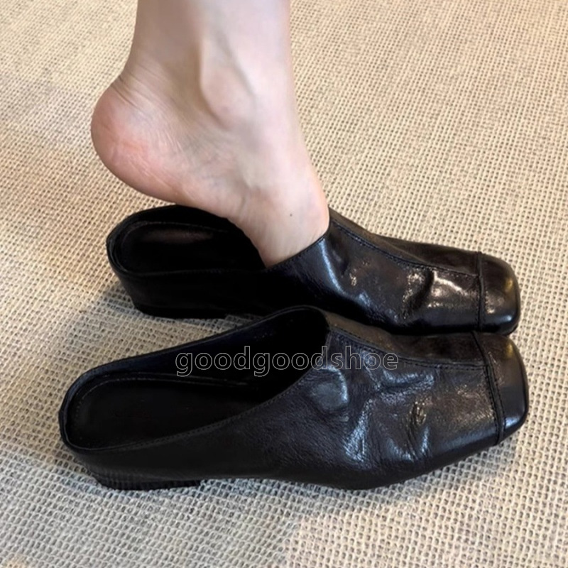 Mid heels sandals famous designer women Soft leather Half slippers Retro casual womens sandals Covered-toe sliders Comfort Lazy shoes outdoor Anti-sli
