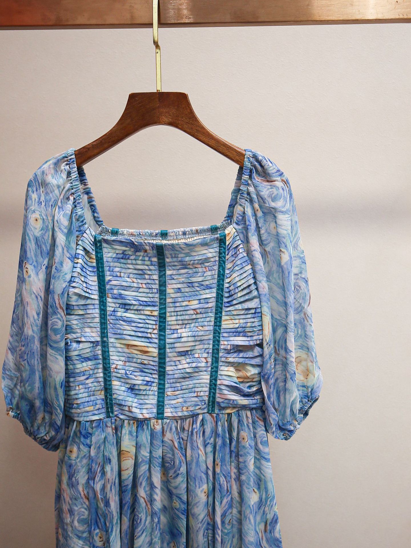 XR170 French elegant retro holiday style square neck waist print long dress