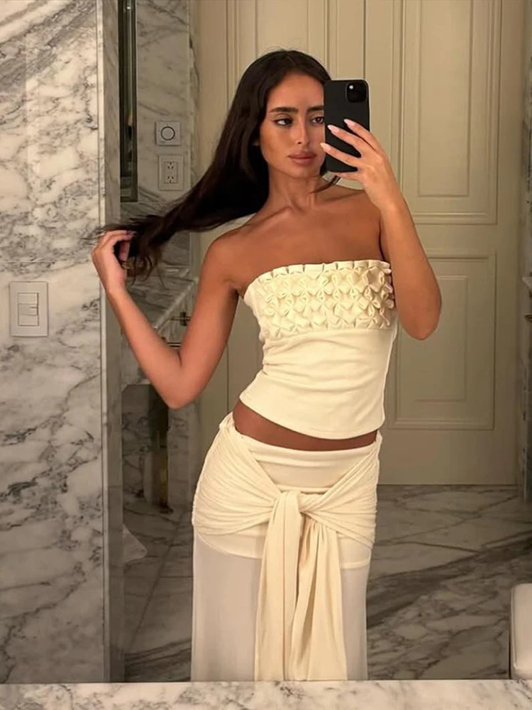 Sexy Flower Crop Top Midi Skirt Sets Women Beach Slim Sleeveless Chest Wrap Vest Intersect Skirts Female Suit 2025 Holiday 250605