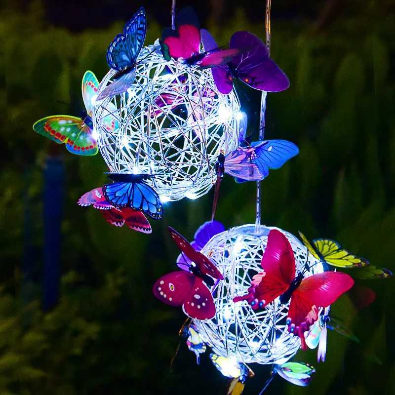 Outdoor Solar Ball Light with Butterfly LIght Decorative Hanging Lamp LED Waterproof Garden Hanging Light Yard Decoration NightXJ250606