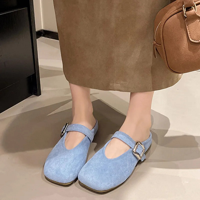 French Retro Baotou Half Slippers Female External Wear Summer Fashion Non-slip Flat Bottom Square Head Shallow Mouth Single Shoe 250603