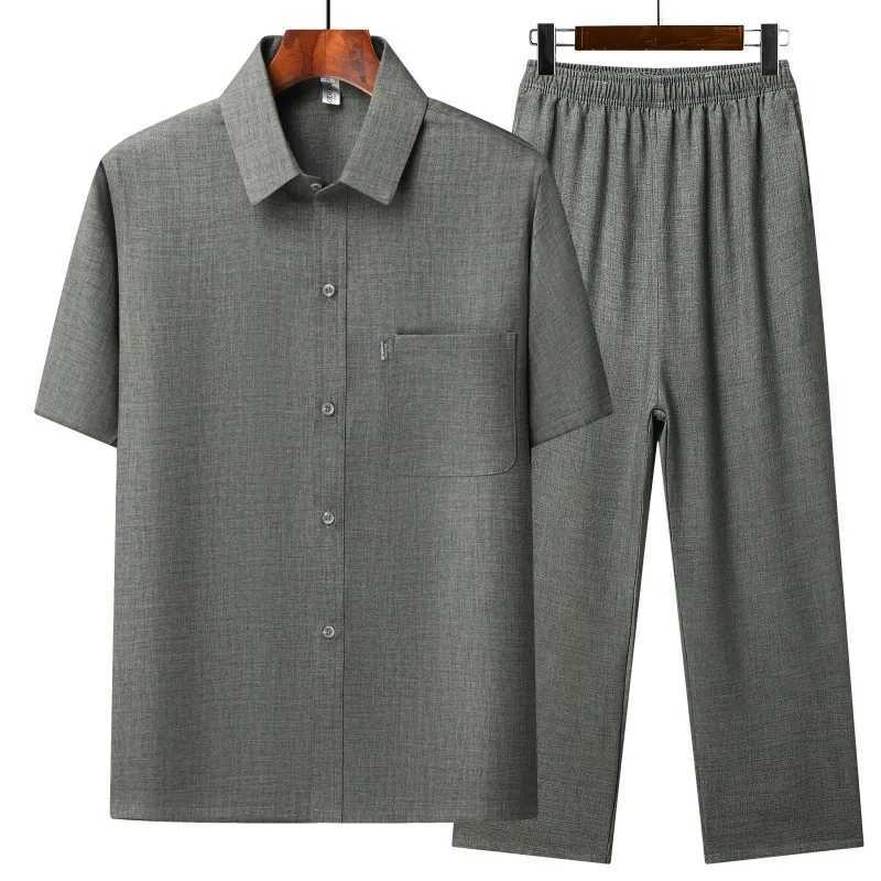 Tang Suit Summer Mens Chinese Style Solid Color Short-Sleeved Suit Casual Fashion Cotton Linen Shirt + Pants 2-Piece Set W250609