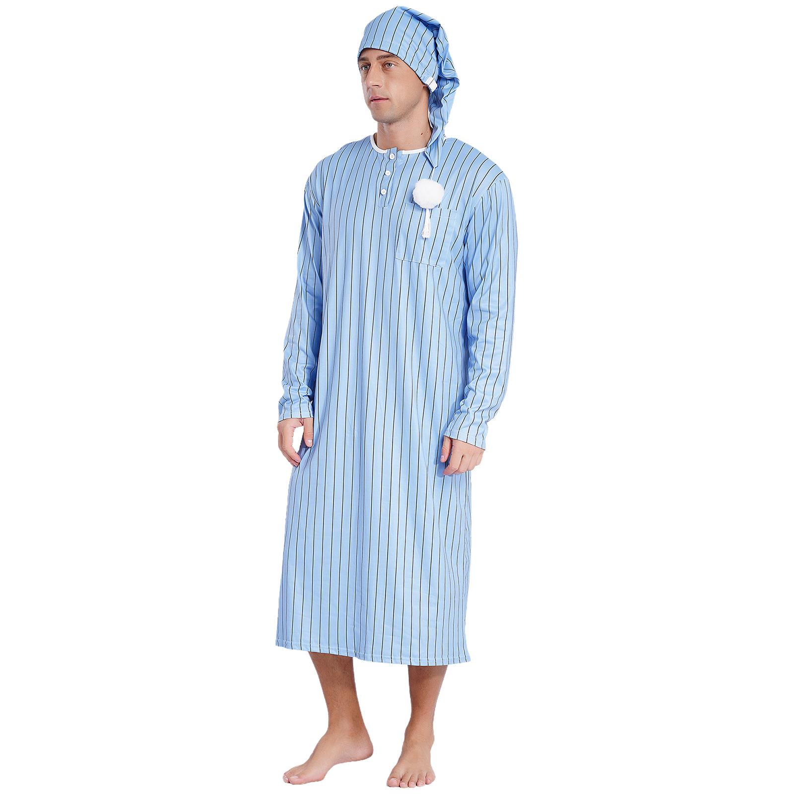 Men's Soft Loose Sleep Robe Fashion Homewear Striped Long Sleeve Button-down Nightshirt with Sleeping Cap Pajama Set Nightgown