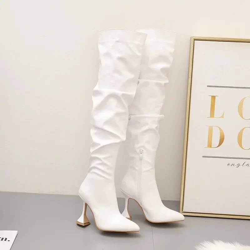 Ddmyoutdoor Leather Women Stiletto Pointed Toe White Heeled Knee Boots Wine Glass Heel Side Zipper Thigh Gigh Booties Outdoor Shoes