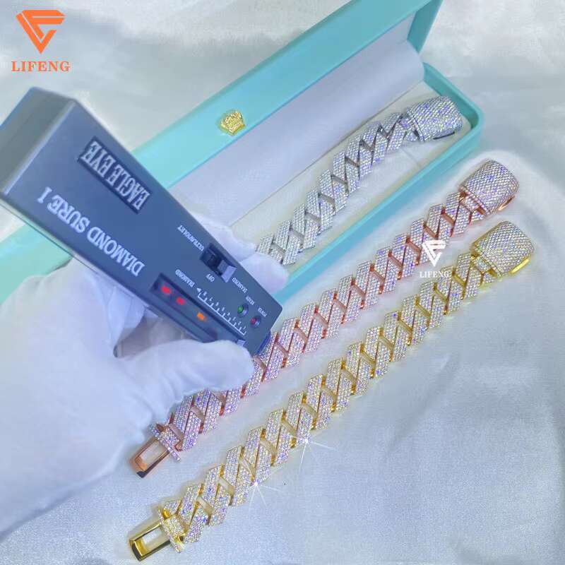 925 Sterling Silver 20mm Bust VVS Moissanite Diamond Cuban Link Chain Bracelet Gold Plated for Men-White Iced Mossanite Jewelry