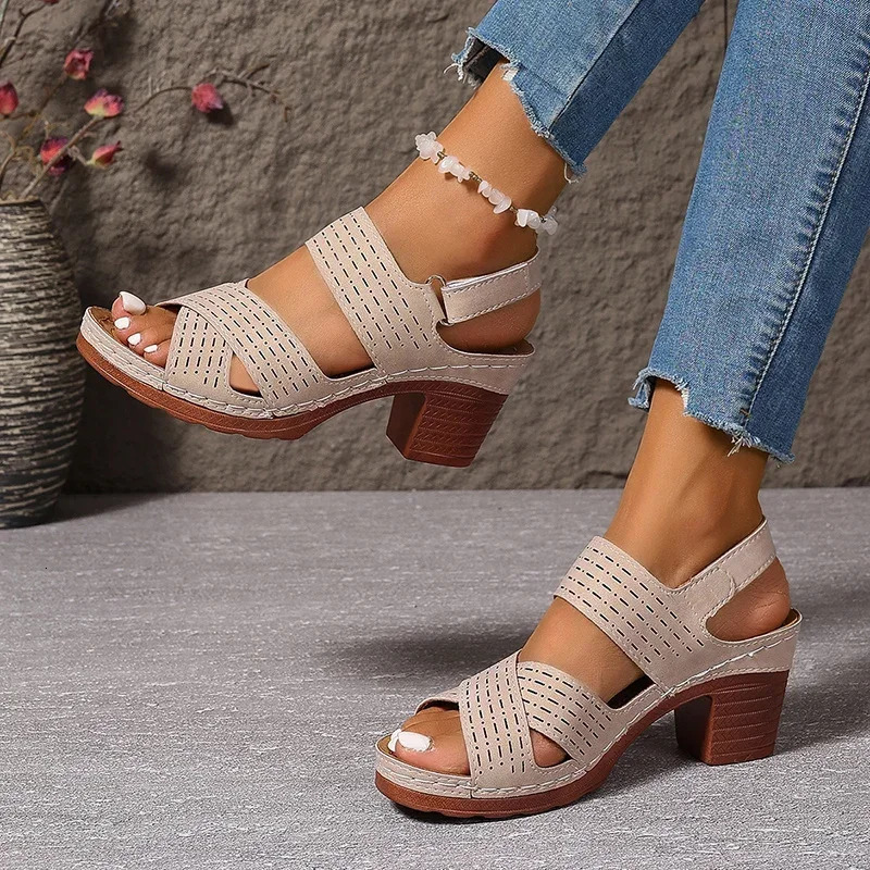 2025 Summer Thick High Heel Sandals Womens Cross Band Fashion Beach Sandels Hook Loop Anti-Slip Platform Sandalias De Mujer 250605