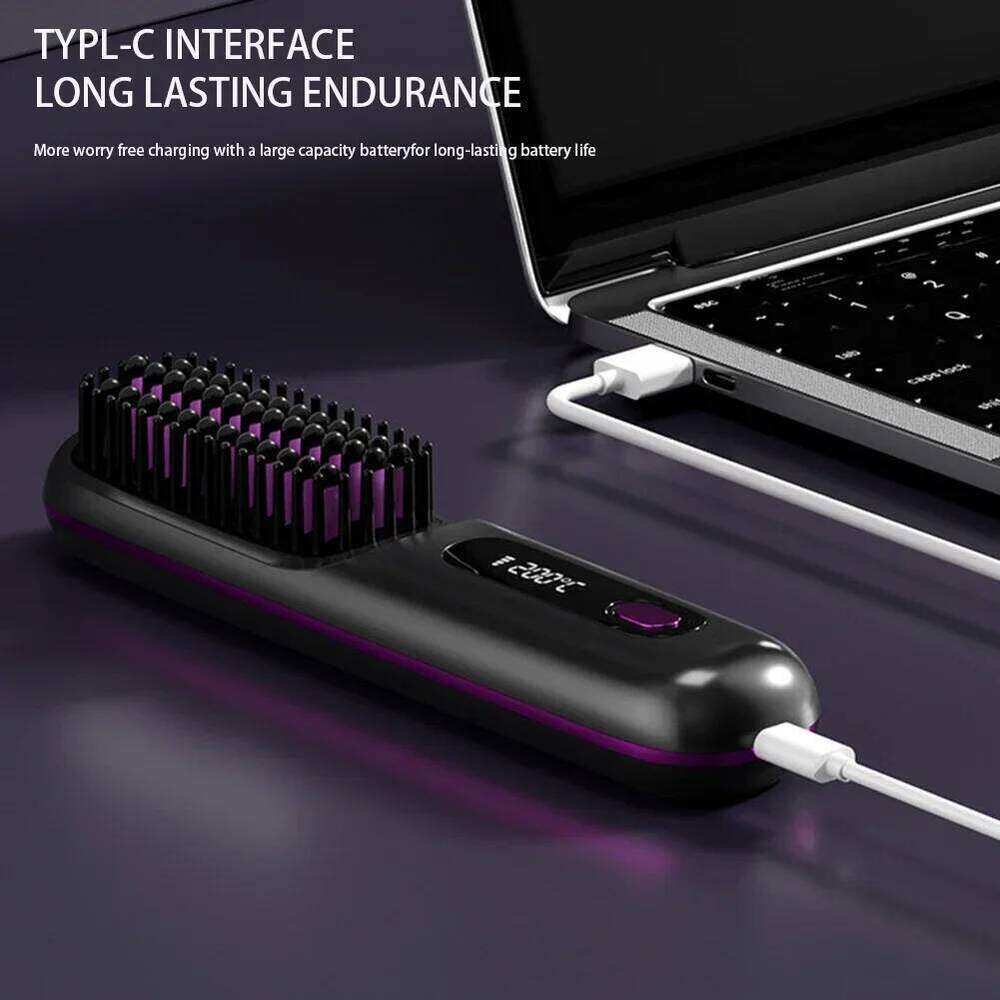 Convenient Mini Cordless Hair Straightener Brush With 3 Setting LED Temperature Display Electric Negative Ions Ceramic Hot Comb